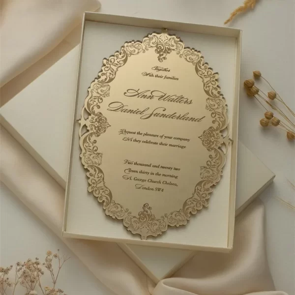 Invitation de mariage décadente en acrylique avec miroir gravées