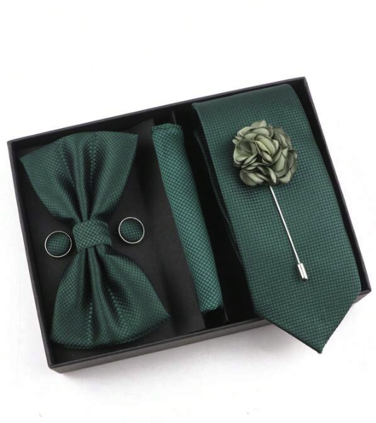 Ensemble De Cravate Verte De Luxe Pour Homme De 6 Pièces Avec Cravate, Nœud Papillon, Carré De Poche, Boutons De Manchette, Mouchoir Et Boîte-cadeau