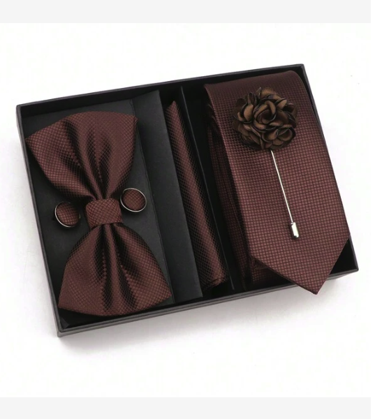 Ensemble De Cravate Marron De Luxe Pour Hommes, 6 Pièces, Avec Cravate, Nœud Papillon, Pochette, Boutons De Manchette, Épingle À Revers Et Boîte